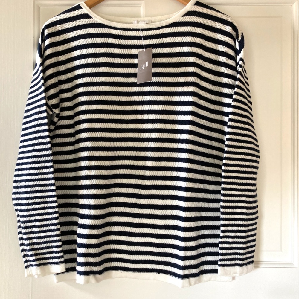 NWT J. Jill Navy Stripe Sweater Navy Textured 100% Cotton Relaxed Fit Long Slv